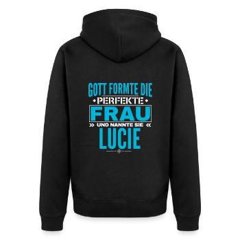 Lucie Name Design - Unisex Premium Bio Zip Hoodie - Schwarz - Hinten - Nico (187cm)