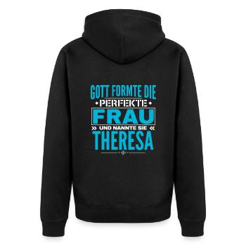 Theresa Name Design - Unisex Premium Bio Zip Hoodie - Schwarz - Hinten - Nico (187cm)