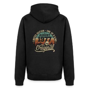 August 1977 Geburtstagsgeschenk - geboren im August 1977 - Unisex Premium Bio Zip Hoodie - Schwarz - Hinten - Nico (187cm)