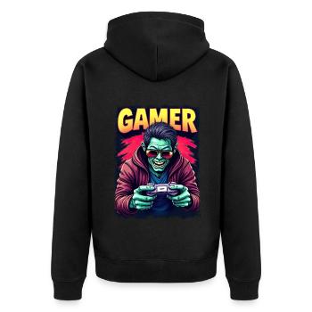 Zombie Gamer – Untoter mit Controller Retro Stil - Unisex Premium Bio Zip Hoodie - Schwarz - Hinten - Nico (187cm)