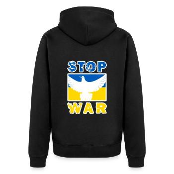 Stoppt den Krieg Frieden für die Ukraine - Unisex Premium Bio Zip Hoodie - Schwarz - Hinten - Nico (187cm)