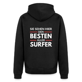 Sie sehen hier den Besten aller Surfer - Unisex Premium Bio Zip Hoodie - Schwarz - Hinten - Nico (187cm)
