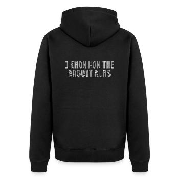 I Know How The Rabbit Runs Denglisch Sprichwort - Unisex Premium Bio Zip Hoodie - Schwarz - Hinten - Nico (187cm)