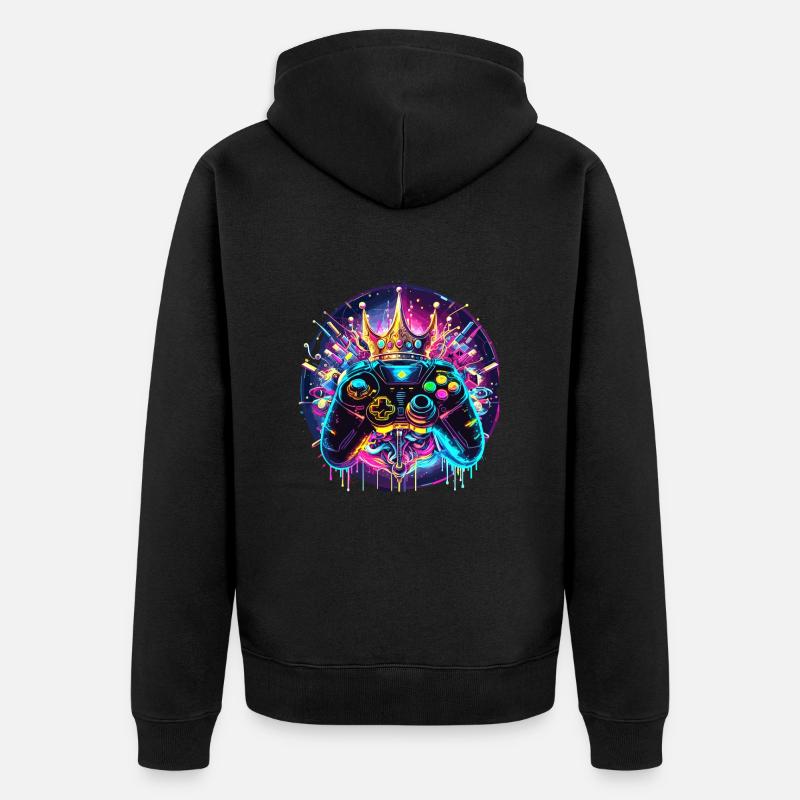 Synthwave Gamer Controller mit Krone - Unisex Premium Bio Zip Hoodie - Schwarz