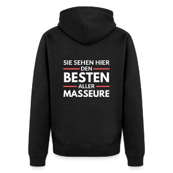 Sie sehen hier den Besten aller Masseure - Unisex Premium Bio Zip Hoodie - Schwarz - Hinten - Nico (187cm)