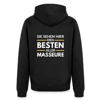 Sie sehen hier den Besten aller Masseure - Unisex Premium Bio Zip Hoodie - Schwarz - Hinten - Nico (187cm)