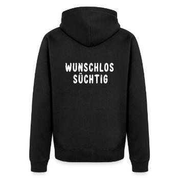 Wunschlos Süchtig - Unisex Premium Bio Zip Hoodie - Schwarz - Hinten - Nico (187cm)