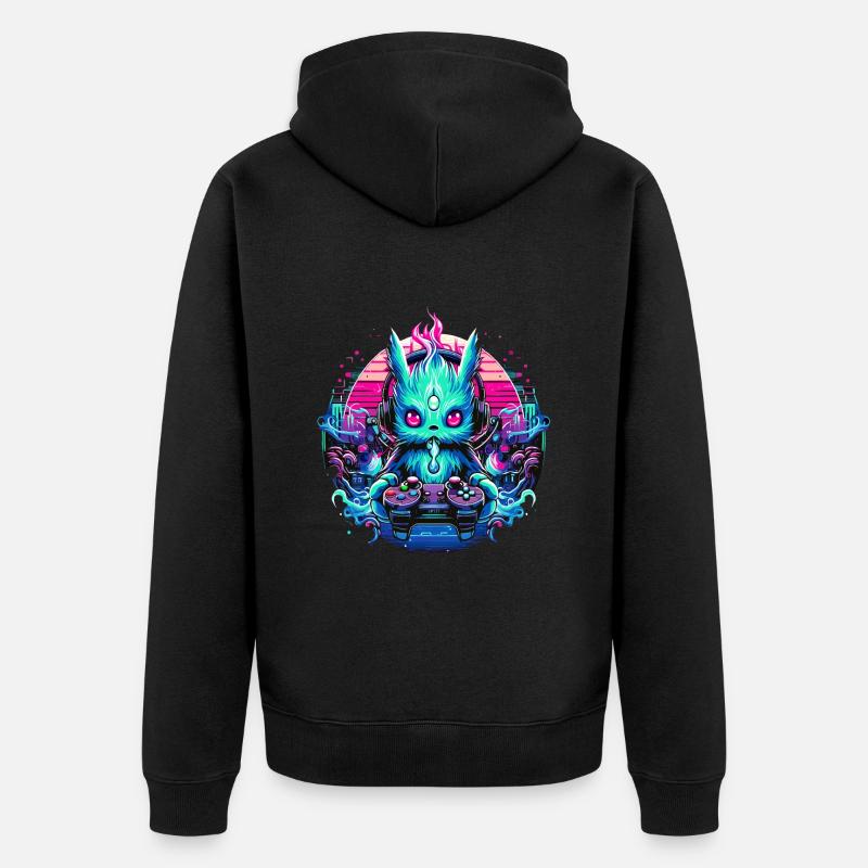 Synthwave Zocker Gaming Alien - Unisex Premium Bio Zip Hoodie - Schwarz