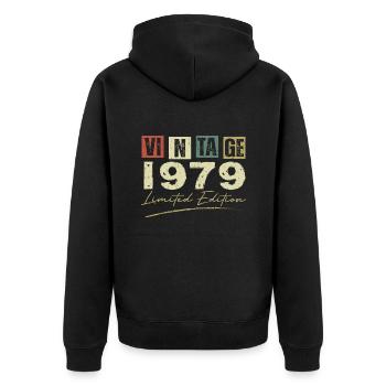 Jahrgang 1979 Original 1979 Jubiläumsgeschenk - Unisex Premium Bio Zip Hoodie - Schwarz - Hinten - Nico (187cm)