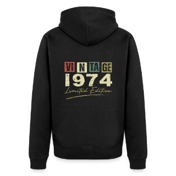 Jahrgang 1974 Original 1974 Jubiläumsgeschenk - Unisex Premium Bio Zip Hoodie - Schwarz - Hinten - Nico (187cm)