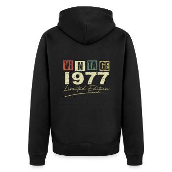 Jahrgang 1977 Original 1977 Jubiläumsgeschenk - Unisex Premium Bio Zip Hoodie - Schwarz - Hinten - Nico (187cm)