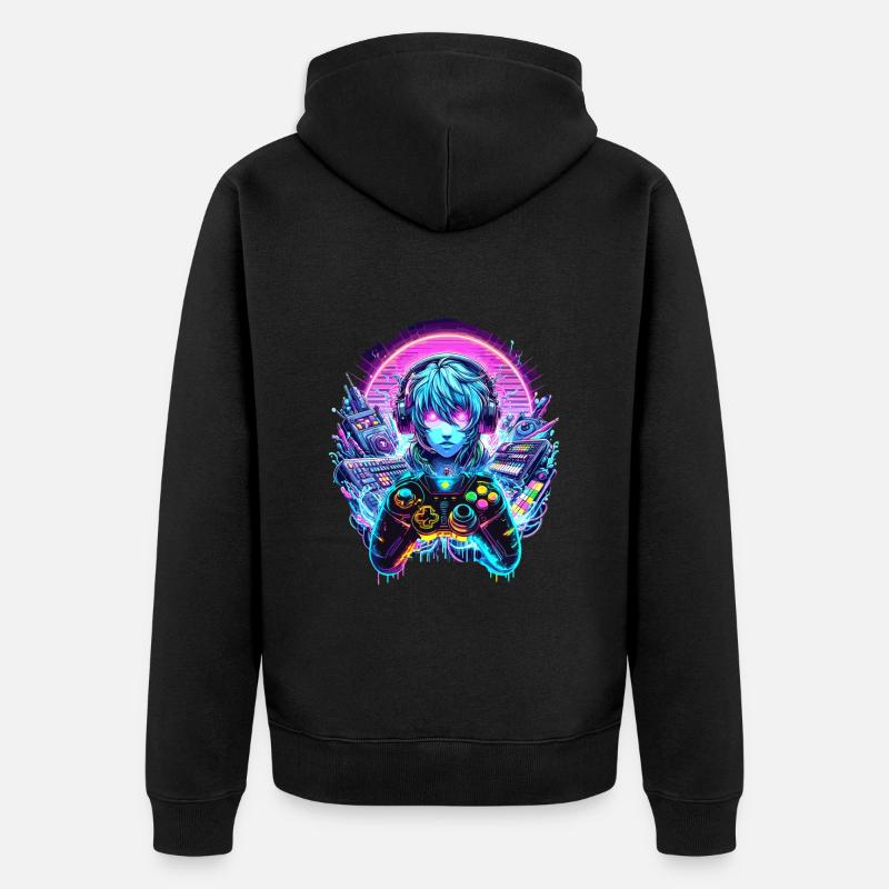 Casque Gamer Anime Synthwave Art - Veste à capuche bio Premium Unisexe - noir