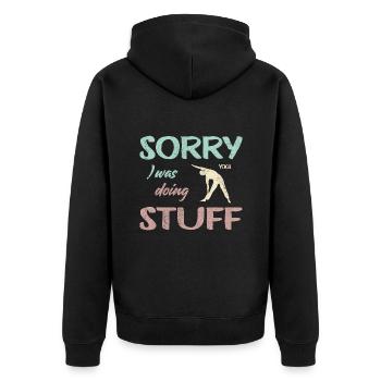 Sorry, I was doing Yoga stuff - Vintage - Unisex Premium Bio Zip Hoodie - Schwarz - Hinten - Nico (187cm)