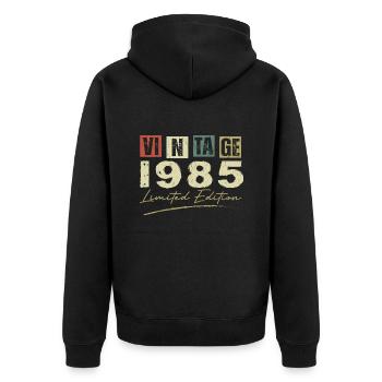 Jahrgang 1985 Original 1985 Jubiläumsgeschenk - Unisex Premium Bio Zip Hoodie - Schwarz - Hinten - Nico (187cm)