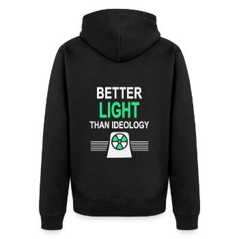Lieber Licht als Ideologie - Ja zu Atomkraft - Unisex Premium Bio Zip Hoodie - Schwarz - Hinten - Nico (187cm)
