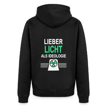 Lieber Licht als Ideologie - Ja zu Atomkraft - Unisex Premium Bio Zip Hoodie - Schwarz - Hinten - Nico (187cm)