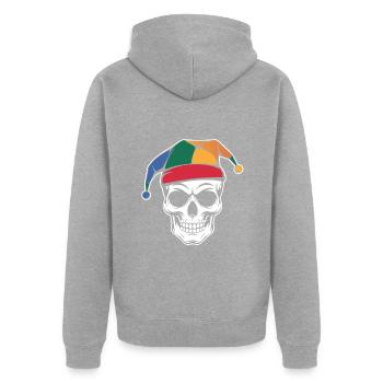 Drôle de crâne avec bonnet de fou - Veste à capuche bio Premium Unisexe - gris chiné - Dos - Nico (187cm)