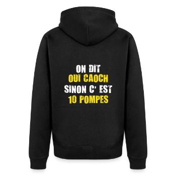 Trainer, wir sagen ja, Trainer, sonst sind es 10 Liegestütze - Unisex Premium Bio Zip Hoodie - Schwarz - Hinten - Nico (187cm)