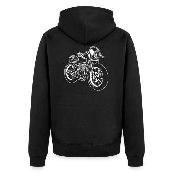 Cafe Racer Motorrad 01_weiß - Unisex Premium Bio Zip Hoodie - Schwarz - Hinten - Nico (187cm)