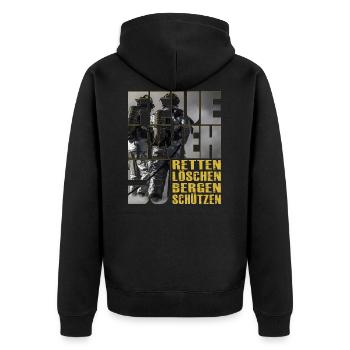 Feuerwehr - ReLoeBeSue - Unisex Premium Bio Zip Hoodie - Schwarz - Hinten - Nico (187cm)