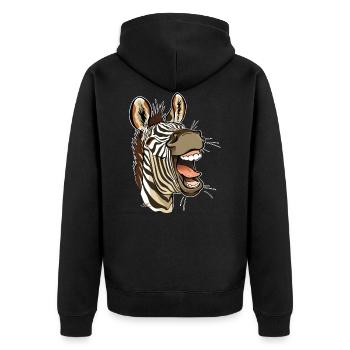 Lachender Zebra (weiße Ränder) - Unisex Premium Bio Zip Hoodie - Schwarz - Hinten - Nico (187cm)