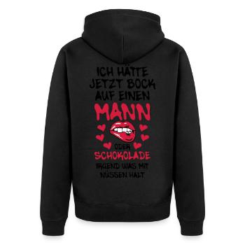 68 Ich hätte jetzt Bock auf Mann oder Schokolade - Unisex Premium Bio Zip Hoodie - Schwarz - Hinten - Nico (187cm)