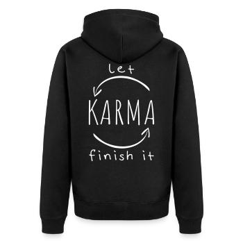 Karma Lustiger Spruch - Unisex Premium Bio Zip Hoodie - Schwarz - Hinten - Nico (187cm)