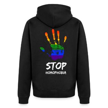 Stop Homophobia LGBT Gay Pride CSD Hand Regenbogen - Unisex Premium Bio Zip Hoodie - Schwarz - Hinten - Nico (187cm)