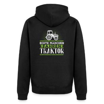 Trecker Damen Bauernhof Echte Mädchen Traktor - Unisex Premium Bio Zip Hoodie - Schwarz - Hinten - Nico (187cm)