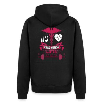 This Nurse Lifts Weightlifting Gym Meme - Unisex Premium Bio Zip Hoodie - Schwarz - Hinten - Nico (187cm)