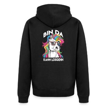 Bin da kann losgehen Spruch Bin da kann losgehn - Unisex Premium Bio Zip Hoodie - Schwarz - Hinten - Nico (187cm)