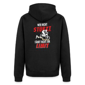 Wer nicht stürzt fährt nicht am Limit Geschenkidee - Unisex Premium Bio Zip Hoodie - Schwarz - Hinten - Nico (187cm)