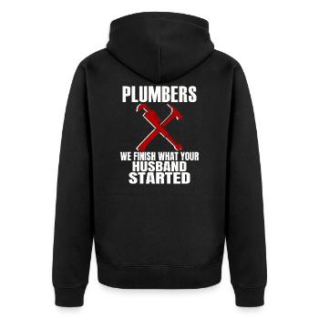 Plumbers We Finish What Your Husband Started - Unisex Premium Bio Zip Hoodie - Schwarz - Hinten - Nico (187cm)