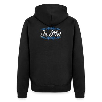Ja Mei Bayrisches Spruch Geschenk - Unisex Premium Bio Zip Hoodie - Schwarz - Hinten - Nico (187cm)