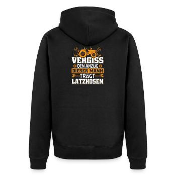 Vergiss Den Anzug Dieser Mann Trägt Latzhosen - Unisex Premium Bio Zip Hoodie - Schwarz - Hinten - Nico (187cm)