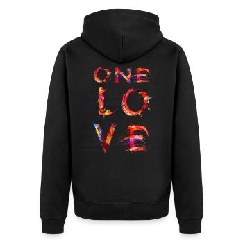 One Love for unity and peace - Unisex Premium Organic Zip Hoodie - black - Back - Nico (187cm)