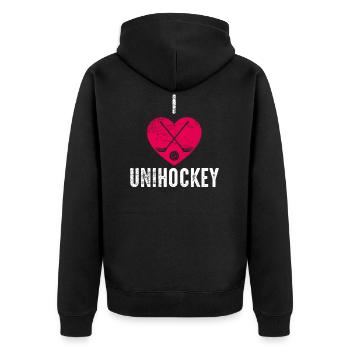 Unihockey - Unisex Premium Bio Zip Hoodie - Schwarz - Hinten - Nico (187cm)