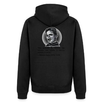 07 Zitat Nikola Tesla present theirs future mine - Unisex Premium Bio Zip Hoodie - Schwarz - Hinten - Nico (187cm)