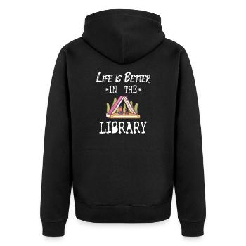 BOOK READER / BOOK FAN: Life In Library - Unisex Premium Organic Zip Hoodie - black - Back - Nico (187cm)