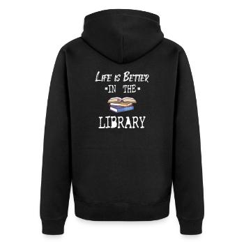 BOOK READER / BOOK FAN: Life In Library - Unisex Premium Organic Zip Hoodie - black - Back - Nico (187cm)