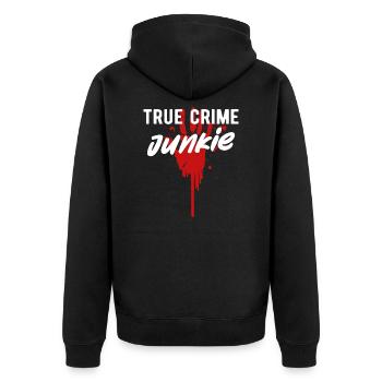 TRUE CRIME: True Crime Junkie - Unisex Premium Bio Zip Hoodie - Schwarz - Hinten - Nico (187cm)