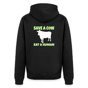 Vegan Vegetarian: Save a Cow eat a Human - Unisex Premium Bio Zip Hoodie - Schwarz - Hinten - Nico (187cm)
