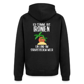 Ich stamme aus Ironien - Unisex Premium Bio Zip Hoodie - Schwarz - Hinten - Nico (187cm)