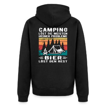 Camping löst Probleme Campen Bier Lagerfeuer - Unisex Premium Bio Zip Hoodie - Schwarz - Hinten - Nico (187cm)