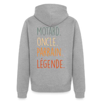 Motard oncle parrain légende - Veste à capuche bio Premium Unisexe - gris chiné - Dos - Nico (187cm)