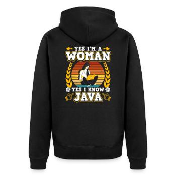 Yes I’m A Woman Yes I Know Java - Veste à capuche bio Premium Unisexe - noir - Dos - Nico (187cm)