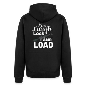 GUN RIGHTS GUN LOVER 2ND AMENDMENT Live Laugh Lock - Unisex Premium Bio Zip Hoodie - Schwarz - Hinten - Nico (187cm)