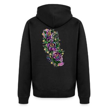 Rose/Noten/Schmetterlinge - Unisex Premium Bio Zip Hoodie - Schwarz - Hinten - Nico (187cm)
