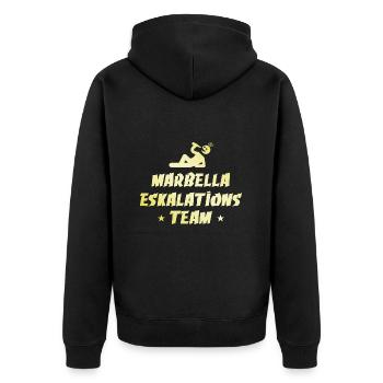 Marbella Eskalation - Unisex Premium Bio Zip Hoodie - Schwarz - Hinten - Nico (187cm)