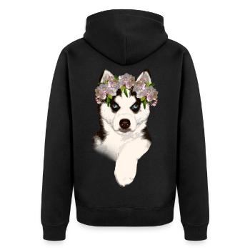 Husky mit Blumenkrone - Unisex Premium Bio Zip Hoodie - Schwarz - Hinten - Nico (187cm)